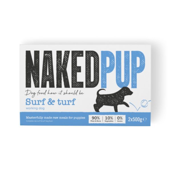Naked dog puppy surf and turf